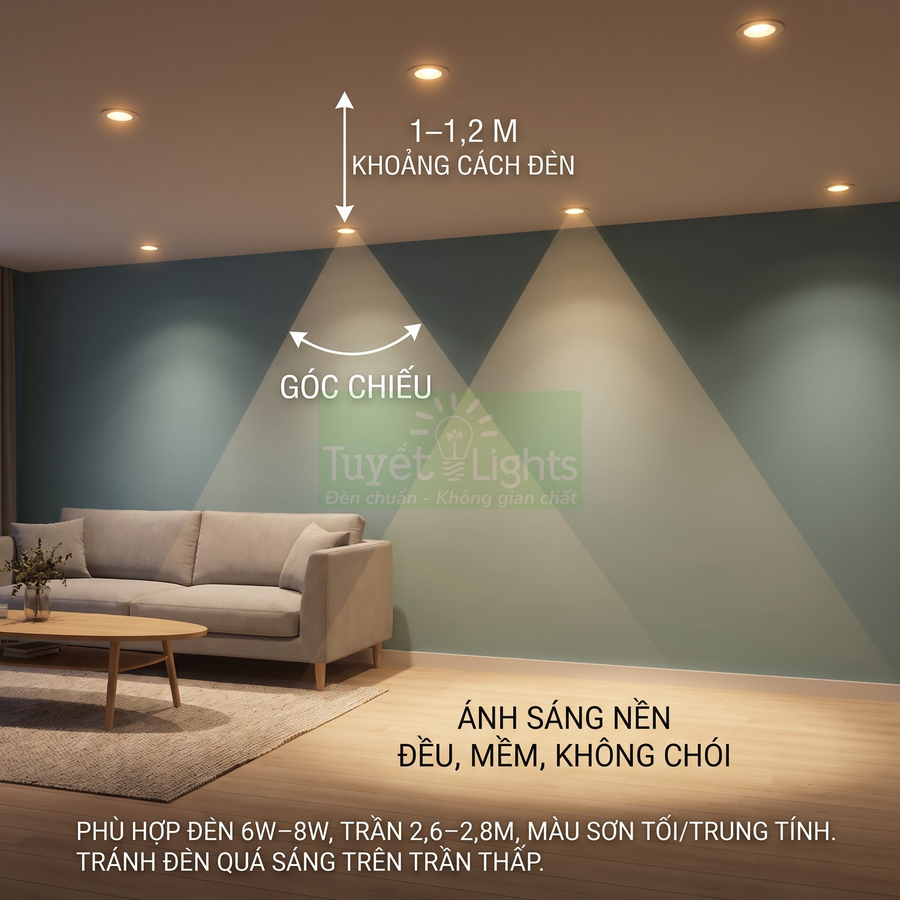 Phòng khách với đèn âm trần Tuyết Lights chiếu sáng đều, mềm, không chói trên tường xanh và sofa sáng màu