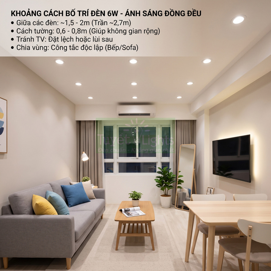 Phòng khách hiện đại sử dụng nhiều đèn âm trần LED 6W ánh sáng trắng bố trí đều trên trần