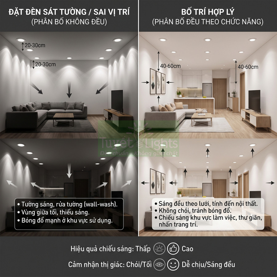 So sánh bố trí đèn âm trần sai và đúng trong phòng khách hiện đại, minh họa ánh sáng đều và tránh chói