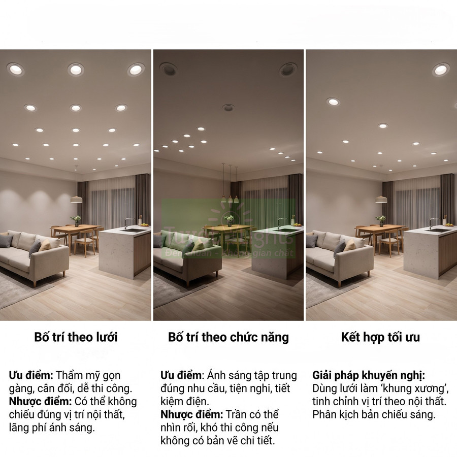 So sánh ba cách bố trí đèn downlight âm trần cho phòng khách liền bếp hiện đại