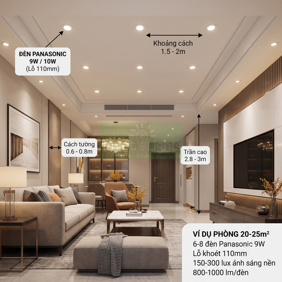 Phòng khách hiện đại lắp đèn âm trần Panasonic 9W 10W ánh sáng vàng ấm
