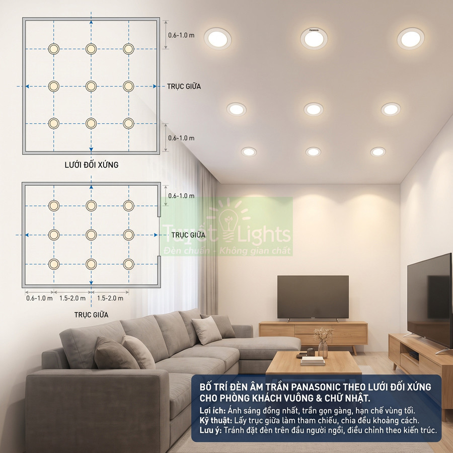 Bố trí đèn âm trần Panasonic lưới đối xứng cho phòng khách hiện đại với sofa và kệ tivi gỗ