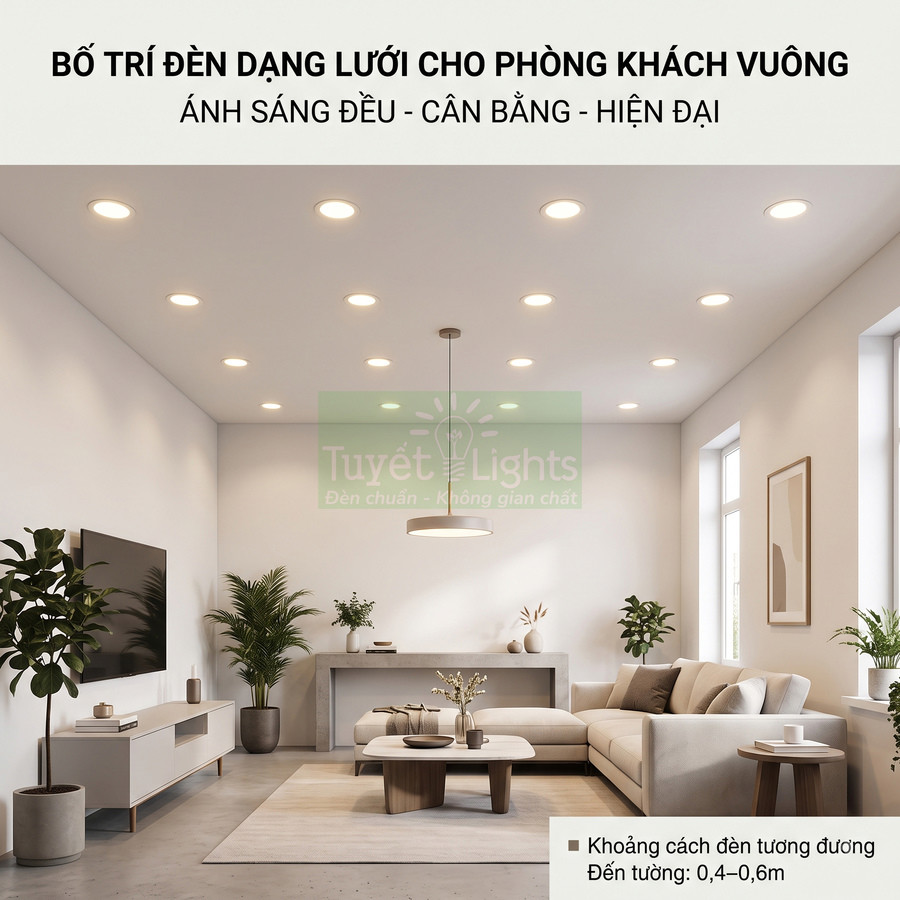 Phòng khách hiện đại với hệ thống đèn âm trần Tuyết Lights bố trí dạng lưới ánh sáng đều và cân bằng