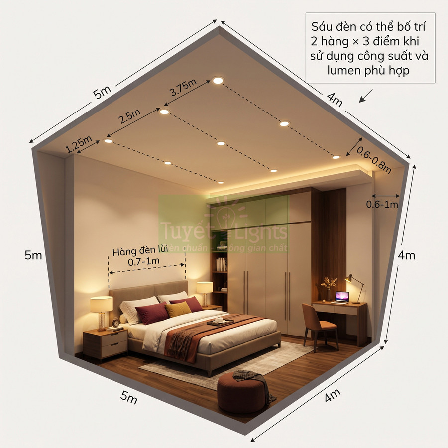 Phòng ngủ hiện đại sử dụng hệ thống đèn downlight âm trần bố trí khoa học tạo ánh sáng ấm áp