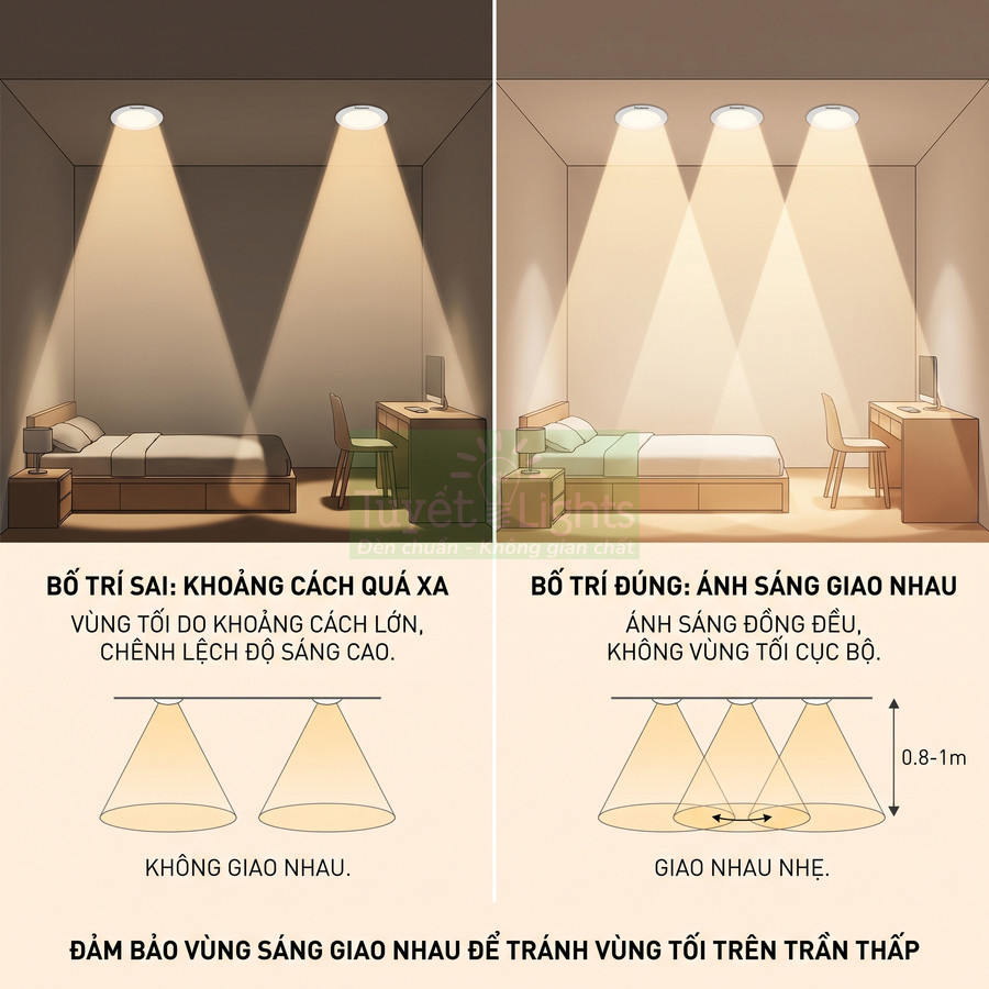 Hướng dẫn bố trí đèn âm trần trong phòng ngủ với ví dụ sai và đúng để tránh vùng tối cục bộ