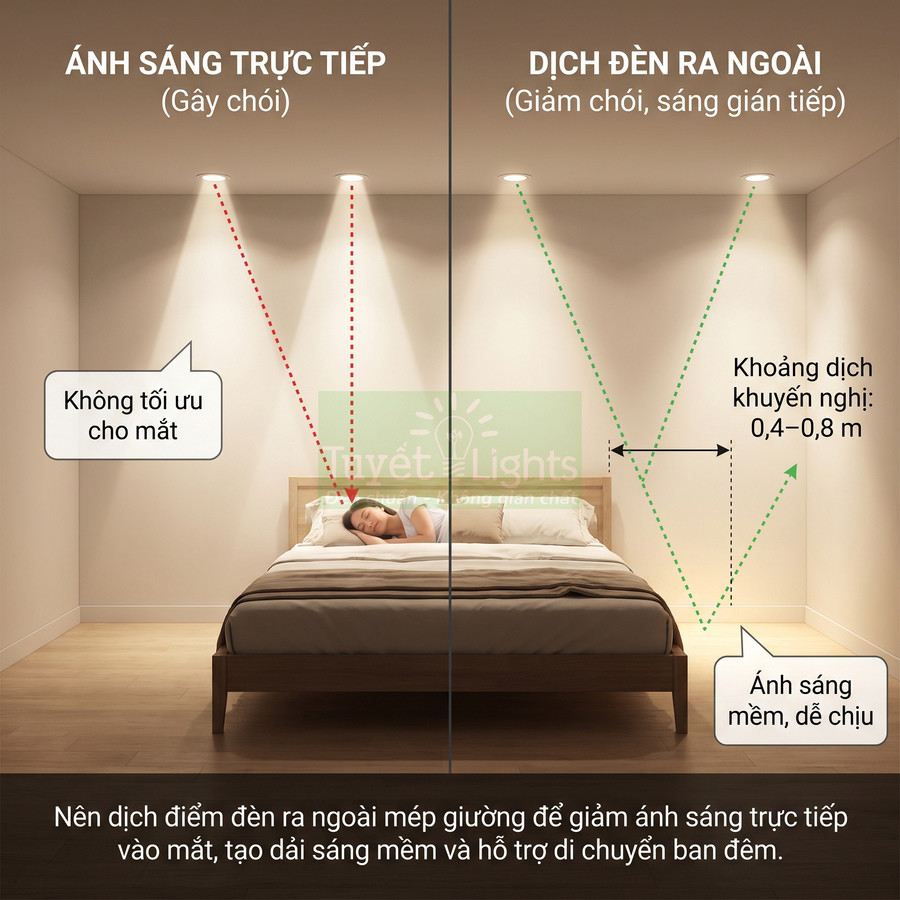 So sánh bố trí đèn âm trần chiếu trực tiếp và dịch ra ngoài mép giường để tạo ánh sáng ngủ dịu mắt