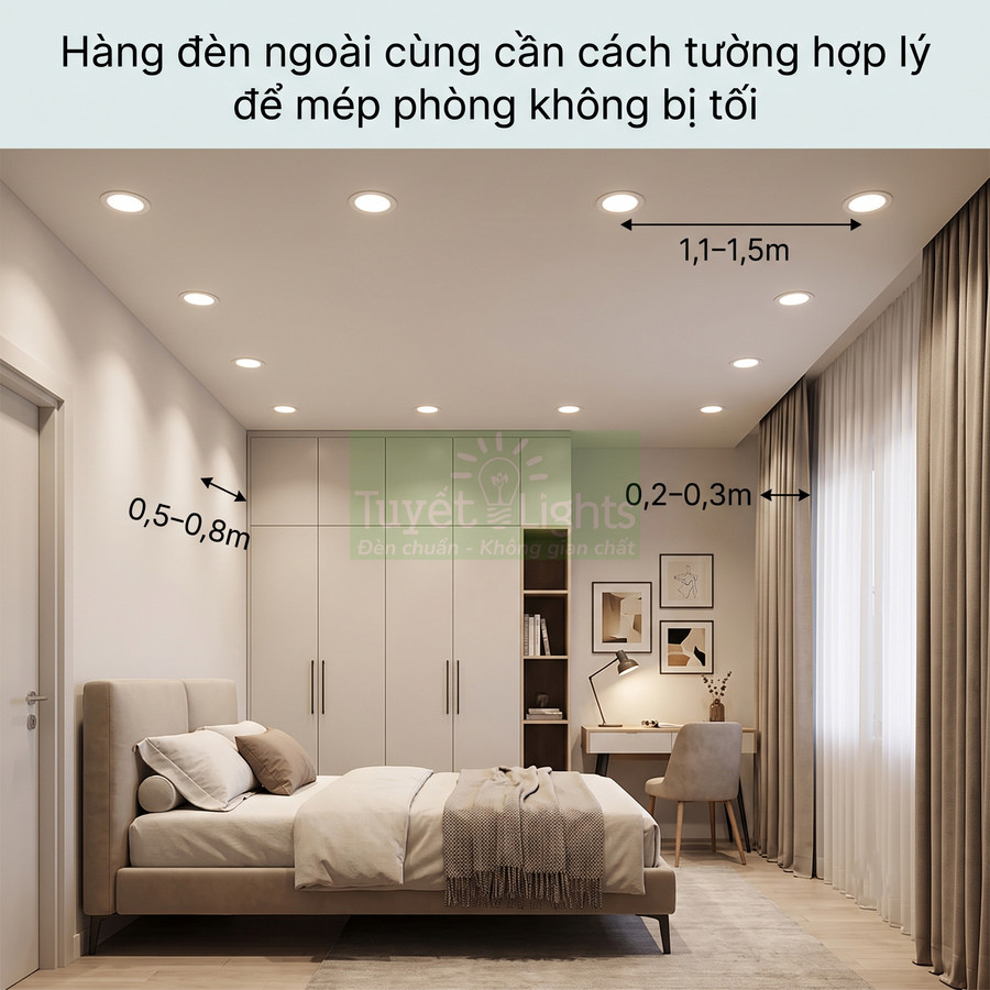 Phòng ngủ hiện đại với giường đôi và hệ thống đèn âm trần bố trí đều trên trần nhà