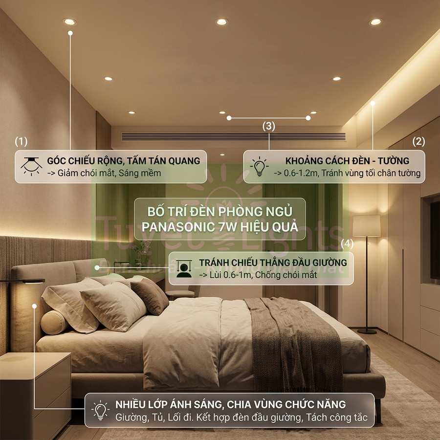 Phòng ngủ hiện đại sử dụng đèn âm trần Panasonic 7W bố trí khoa học cho ánh sáng ấm áp