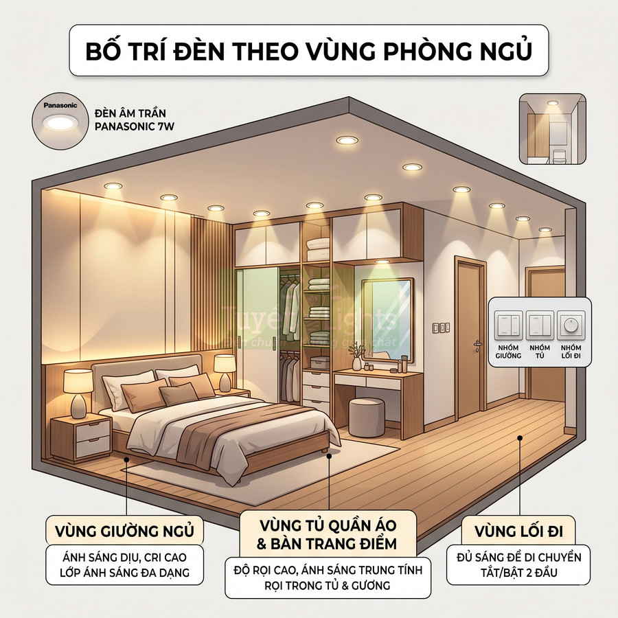 Bố trí đèn âm trần Panasonic 7W cho phòng ngủ hiện đại với giường ngủ, tủ quần áo và lối đi