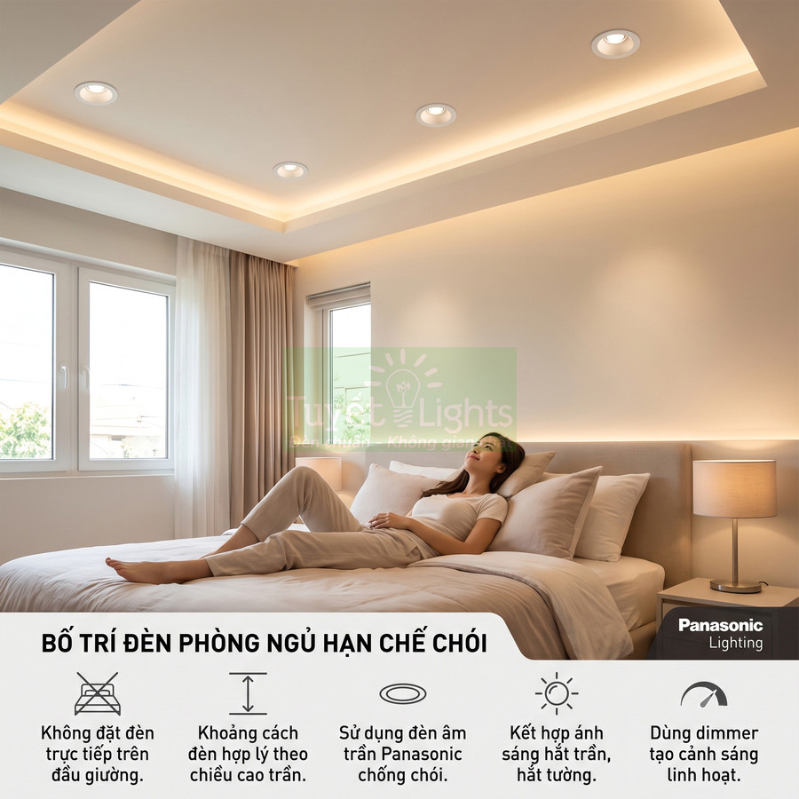Đèn âm trần Panasonic chống chói bố trí trong phòng ngủ hiện đại với ánh sáng ấm dịu