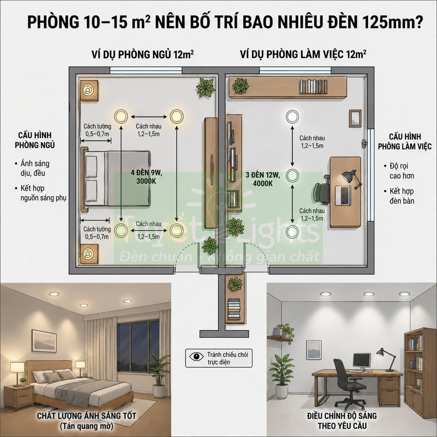 Sơ đồ bố trí đèn âm trần 125mm cho phòng ngủ và phòng làm việc 12m2 ánh sáng đều và chống chói