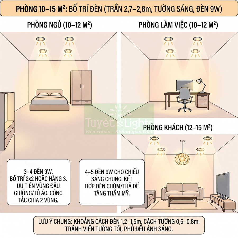 Sơ đồ bố trí đèn âm trần 9W cho phòng ngủ, phòng làm việc và phòng khách diện tích 10 đến 15m2