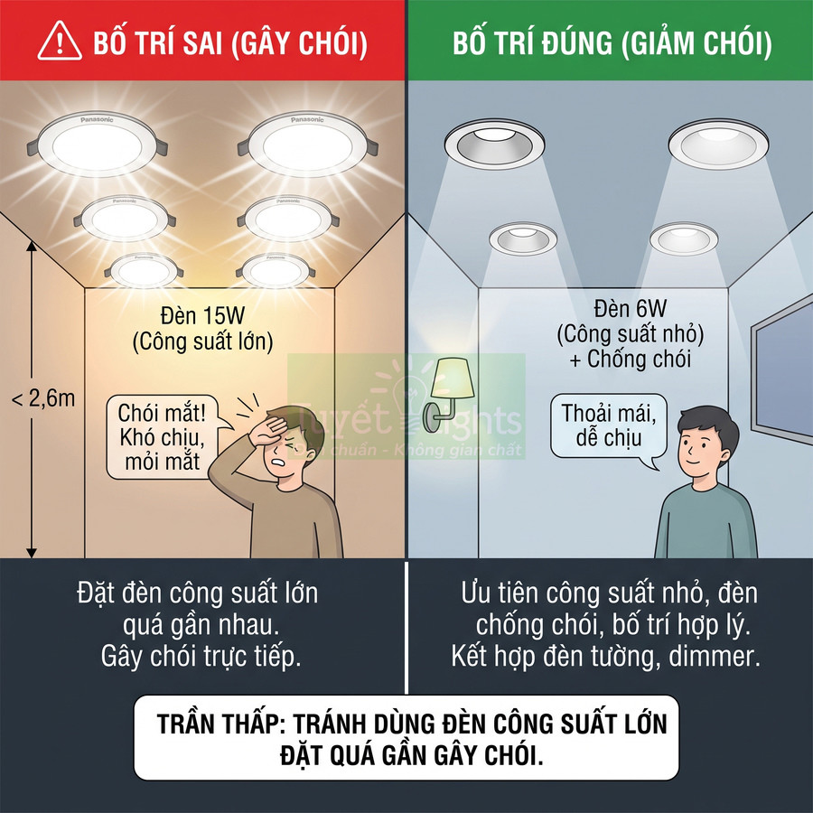 So sánh bố trí đèn âm trần Panasonic công suất lớn gây chói và đèn 6W chống chói cho trần thấp