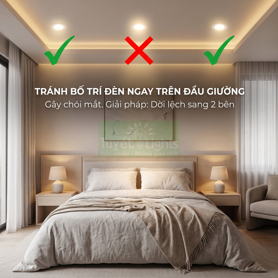 Phòng ngủ với giường đôi và đèn trần Tuyết Lights bố trí lệch hai bên tránh chiếu thẳng đầu giường