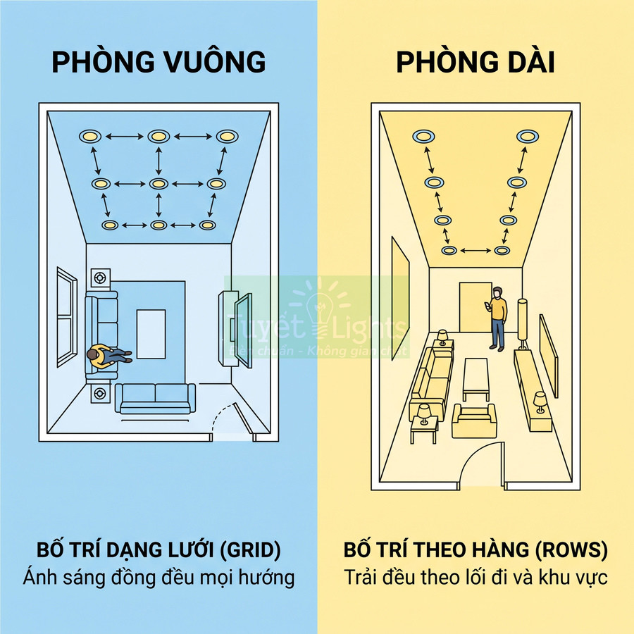 So sánh bố trí đèn âm trần cho phòng vuông dạng lưới và phòng dài dạng hàng, ánh sáng phân bổ đều
