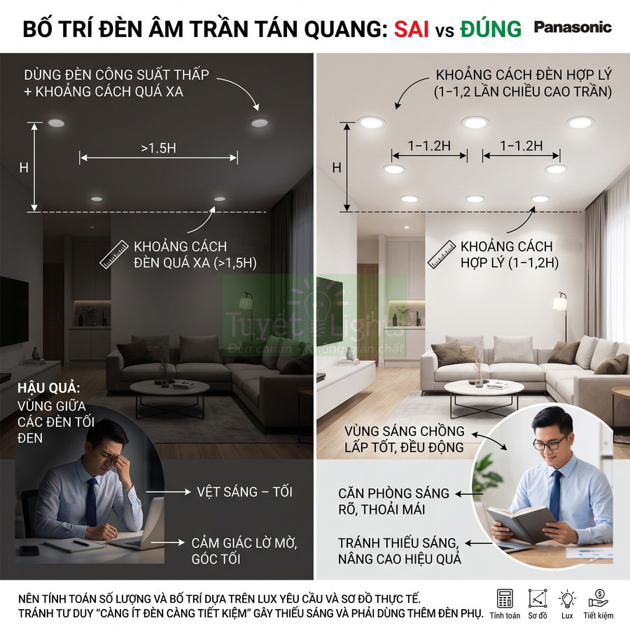Hướng dẫn bố trí đèn âm trần tán quang Panasonic đúng và sai trong phòng khách, so sánh ánh sáng tối và sáng đều