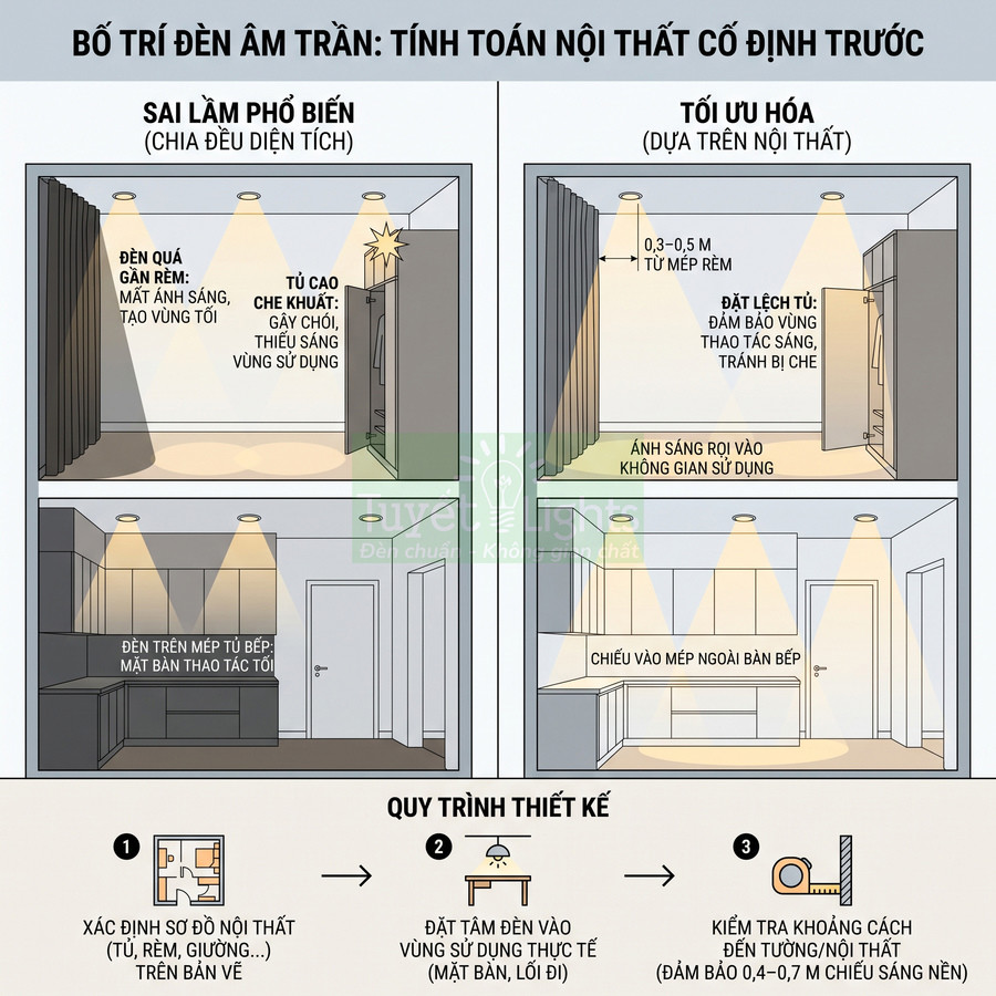 Hướng dẫn bố trí đèn âm trần tối ưu theo nội thất cố định trong phòng bếp và phòng ngủ