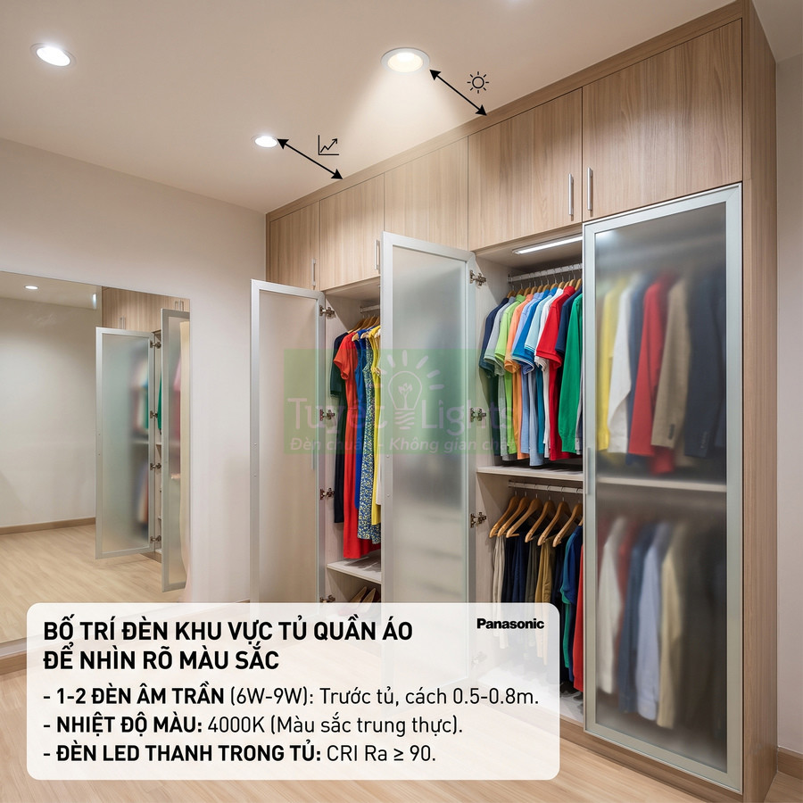 Tủ quần áo gỗ cánh kính lắp đèn LED âm trần và đèn LED thanh trong tủ giúp nhìn rõ màu sắc quần áo