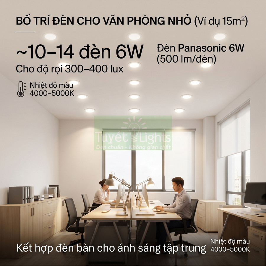 Bố trí đèn âm trần Panasonic 6W cho văn phòng nhỏ 15m2 với ánh sáng trắng trung tính 4000 5000K
