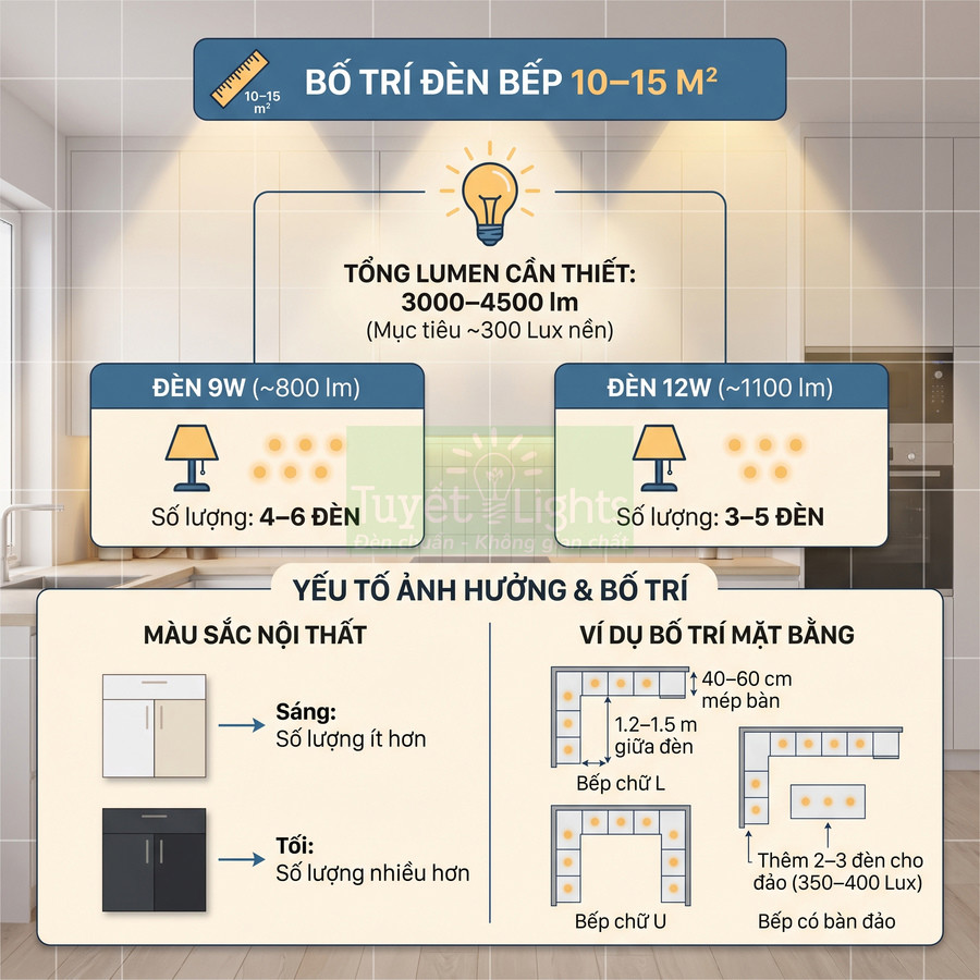 Hướng dẫn bố trí đèn bếp 10–15 m2 với đèn 9W và 12W, số lượng đèn và khoảng cách lắp đặt hợp lý
