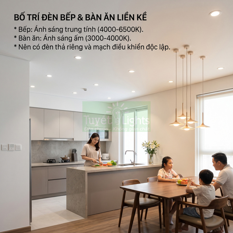 Đèn âm trần và đèn thả Tuyết Lights chiếu sáng phòng bếp và bàn ăn gia đình hiện đại