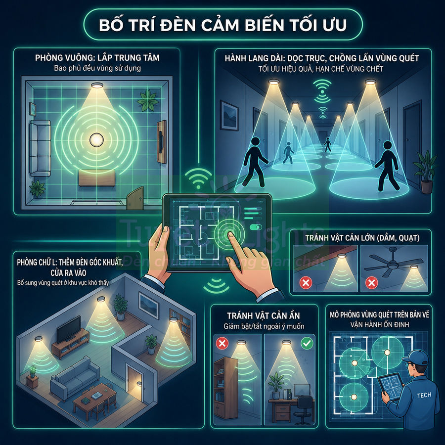 Hướng dẫn bố trí đèn cảm biến chuyển động tối ưu cho phòng vuông, hành lang và phòng chữ L