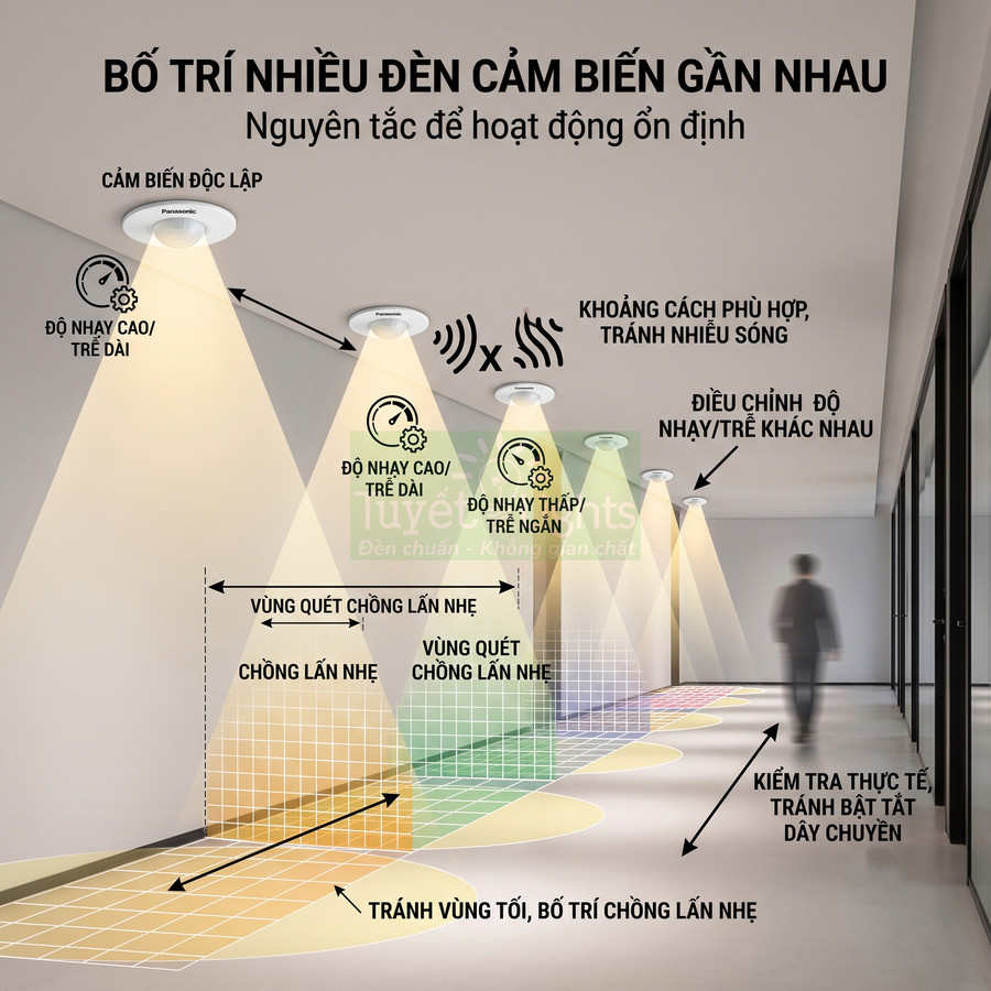 Bố trí nhiều đèn cảm biến Panasonic trên trần hành lang với vùng quét chống chồng lấn và điều chỉnh độ nhạy
