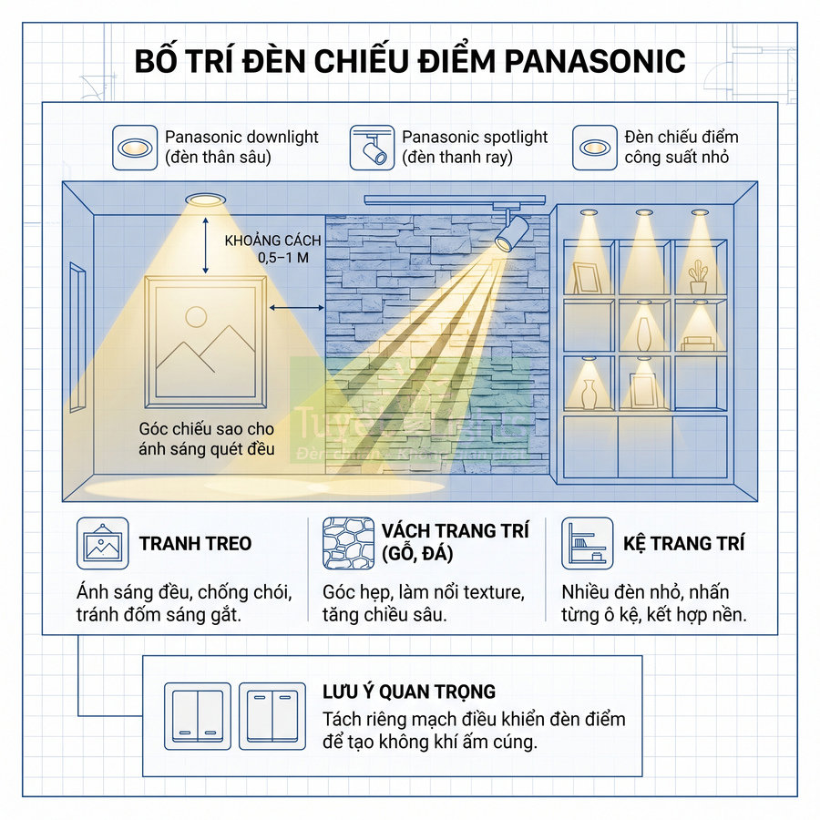 Sơ đồ bố trí đèn chiếu điểm Panasonic cho tranh treo, vách trang trí và kệ trưng bày trong phòng