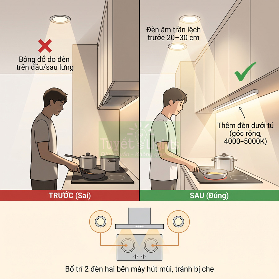 Minh họa cách bố trí đèn âm trần và đèn dưới tủ bếp đúng chuẩn để chiếu sáng khu vực nấu ăn
