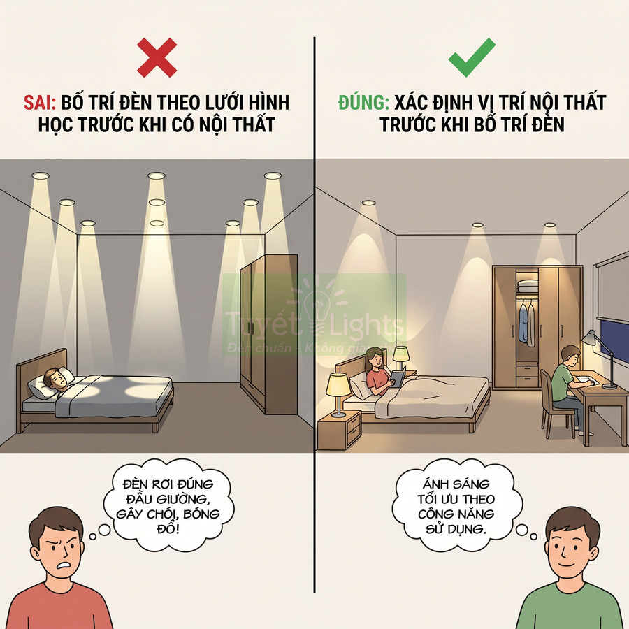 Minh họa cách bố trí đèn trần và đèn ngủ tối ưu theo vị trí nội thất phòng ngủ