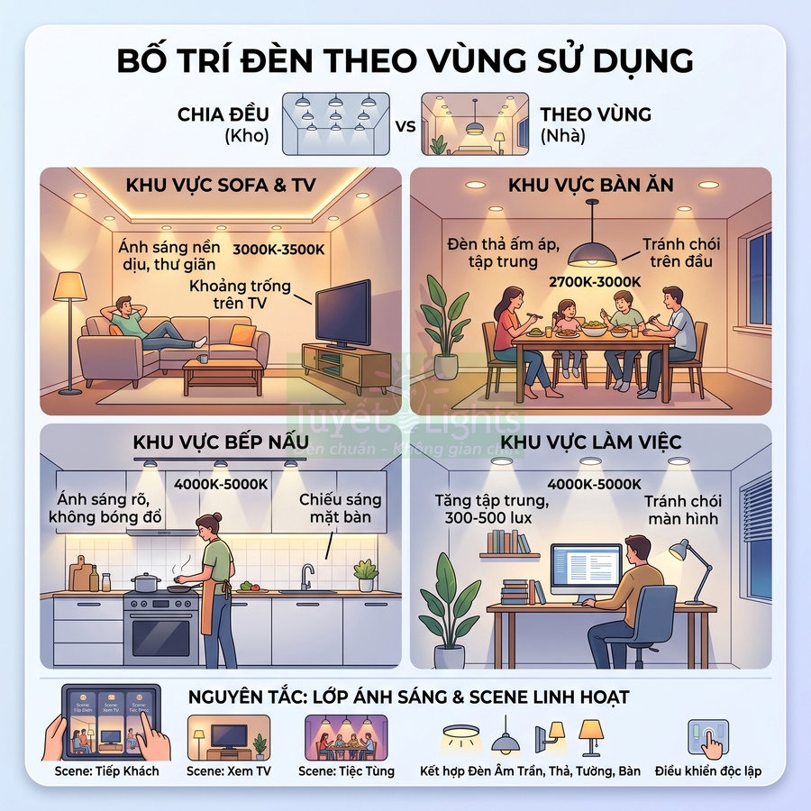Hướng dẫn bố trí đèn chiếu sáng cho phòng khách, bàn ăn, bếp và góc làm việc trong nhà