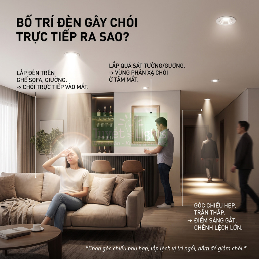 Phòng khách với đèn âm trần chiếu trực tiếp gây chói mắt cho người ngồi trên sofa