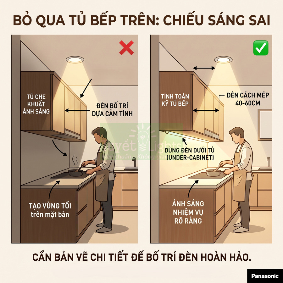 Minh họa so sánh bố trí đèn trần và đèn dưới tủ bếp Panasonic cho ánh sáng khu vực nấu ăn