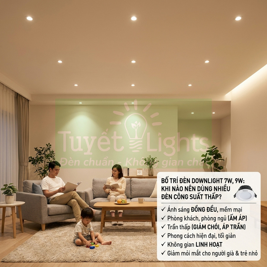 Đèn downlight âm trần Tuyết Lights chiếu sáng phòng khách hiện đại, ánh sáng vàng ấm áp cho gia đình
