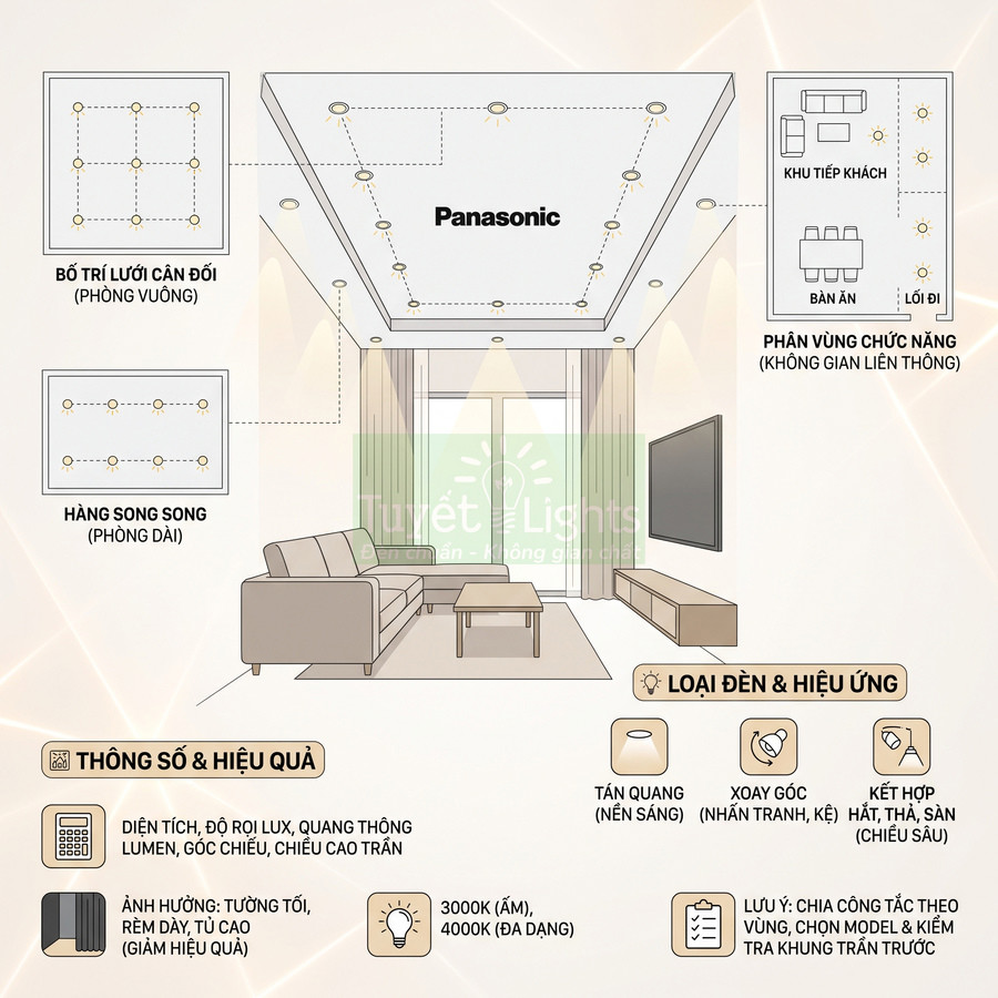 Cách bố trí đèn âm trần Panasonic cho phòng khách