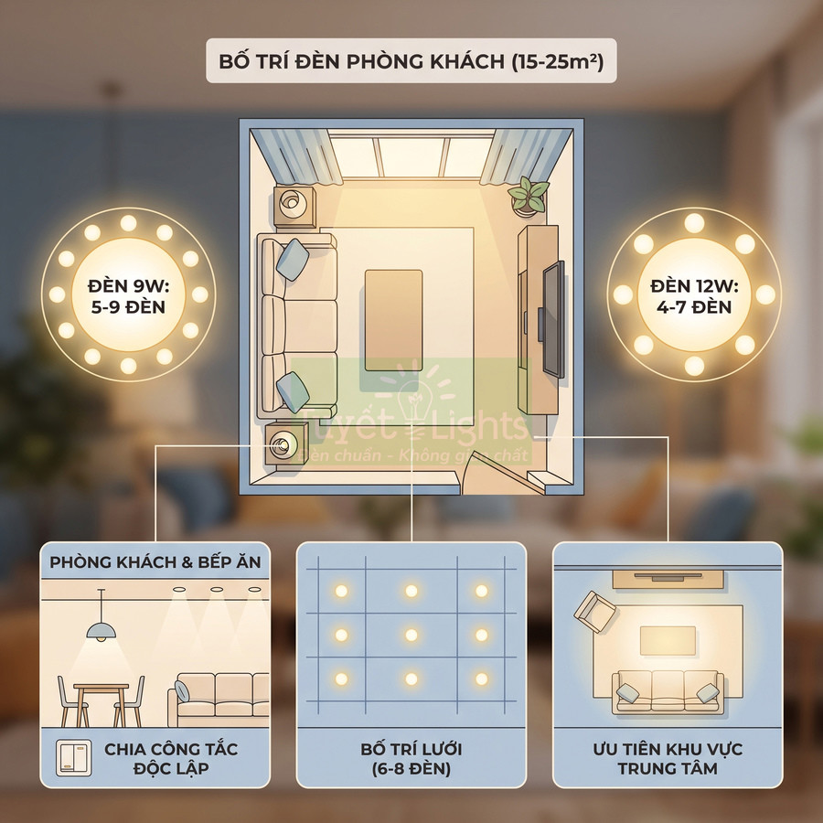 Sơ đồ bố trí đèn LED âm trần 9W và 12W cho phòng khách 15 đến 25m2