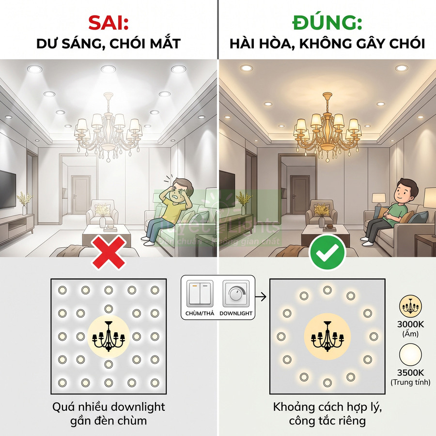So sánh bố trí đèn downlight và đèn chùm trong phòng khách, minh họa cách lắp đúng tránh chói mắt