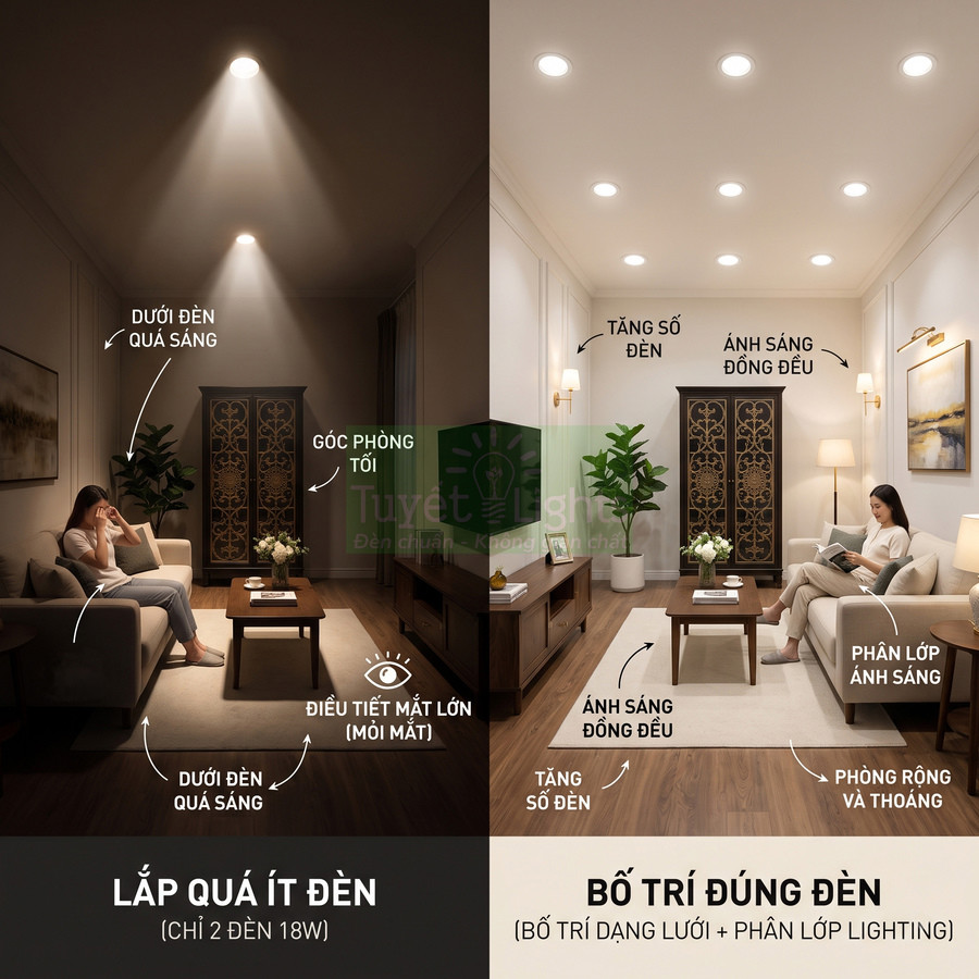 So sánh phòng khách lắp ít đèn và bố trí đúng đèn âm trần cho ánh sáng đều, không gian rộng và thoáng