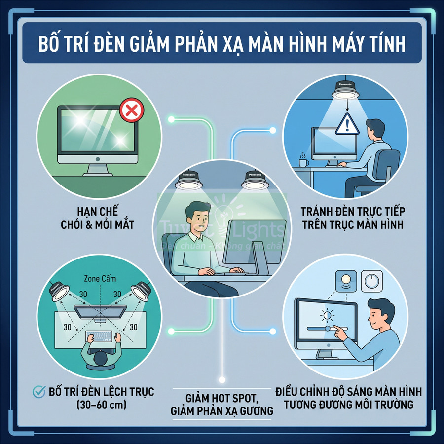 Hướng dẫn bố trí đèn Panasonic giảm chói và phản xạ trên màn hình máy tính khi làm việc