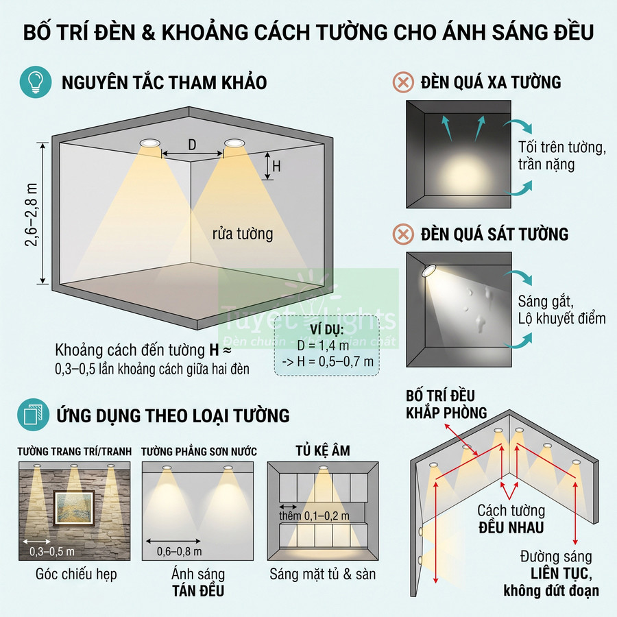 Hướng dẫn bố trí đèn âm trần và khoảng cách tường để rửa tường, chiếu sáng đều cho phòng và tủ kệ
