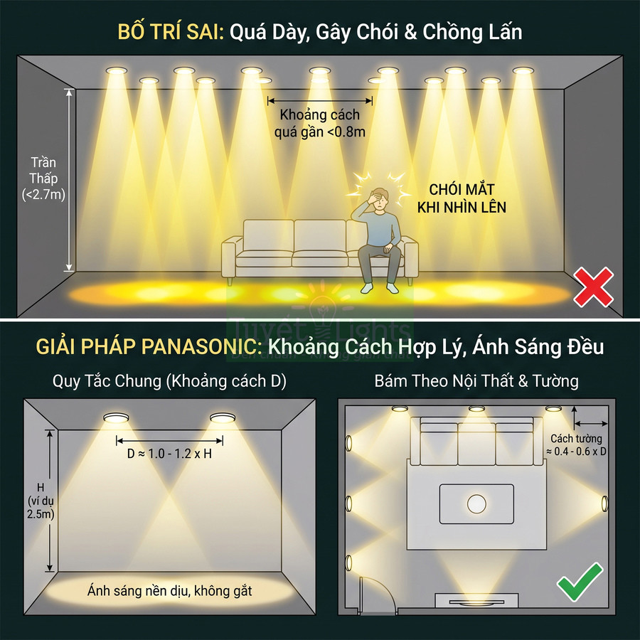 Hướng dẫn bố trí đèn âm trần Panasonic với khoảng cách hợp lý cho ánh sáng đều, không chói mắt trong phòng khách