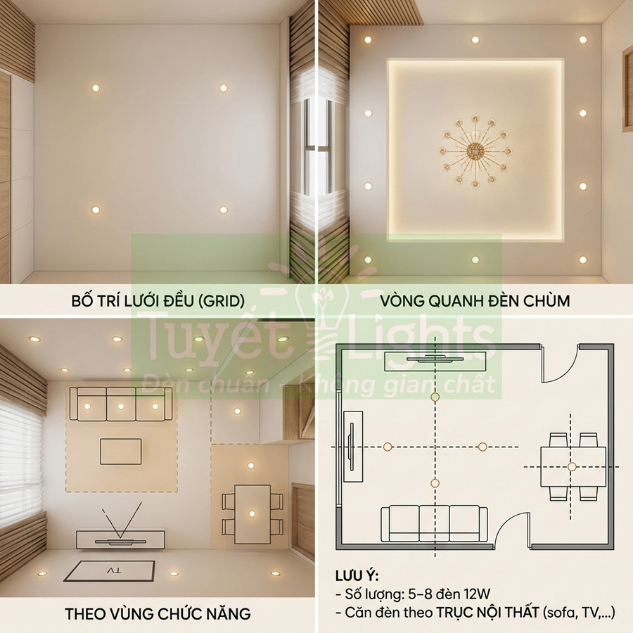 Cách bố trí đèn downlight âm trần cho phòng khách theo lưới, theo vùng chức năng và quanh đèn chùm