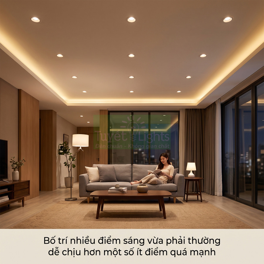 Phòng khách hiện đại sử dụng nhiều đèn âm trần và đèn đứng tạo ánh sáng ấm áp, cô gái ngồi đọc sách trên sofa