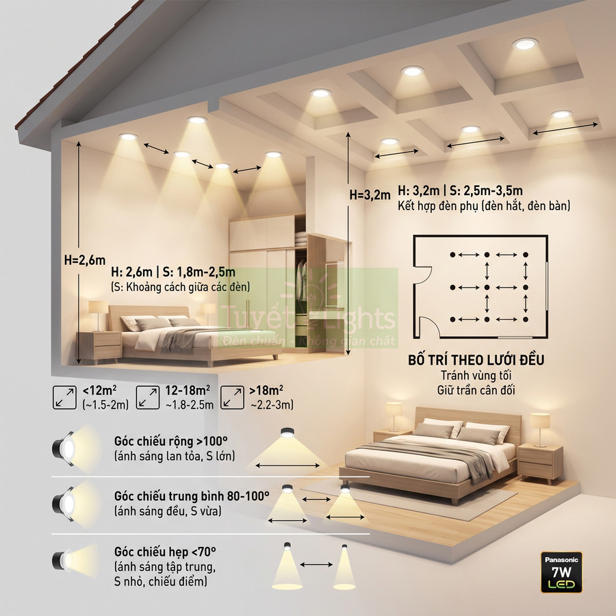 Hướng dẫn bố trí đèn LED âm trần Panasonic 7W trong phòng ngủ hiện đại, ánh sáng vàng ấm