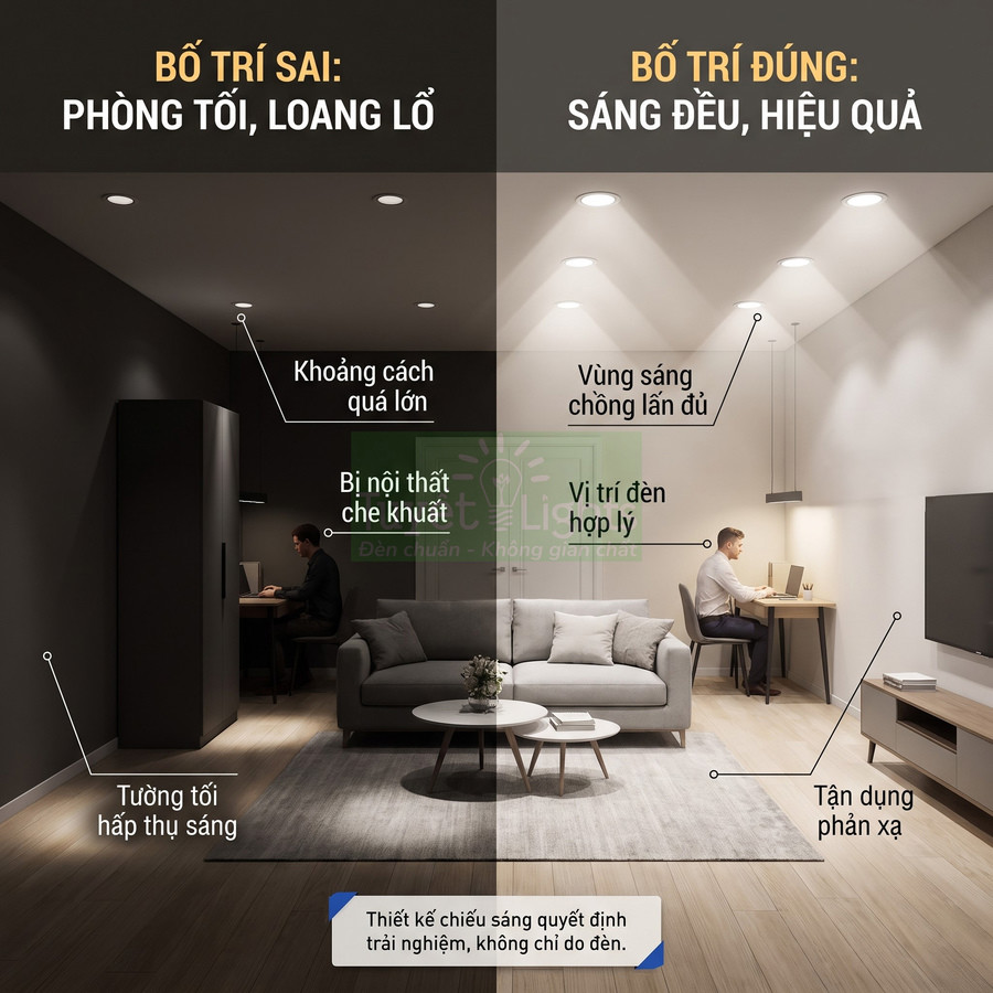 So sánh bố trí đèn âm trần sai và đúng trong phòng khách làm việc, minh họa ánh sáng tối và sáng đều