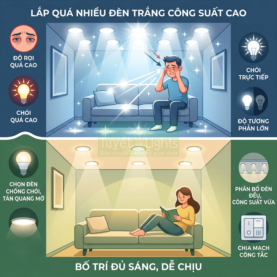 So sánh bố trí đèn trần phòng khách công suất cao gây chói với hệ thống đèn LED chống chói ánh sáng dễ chịu