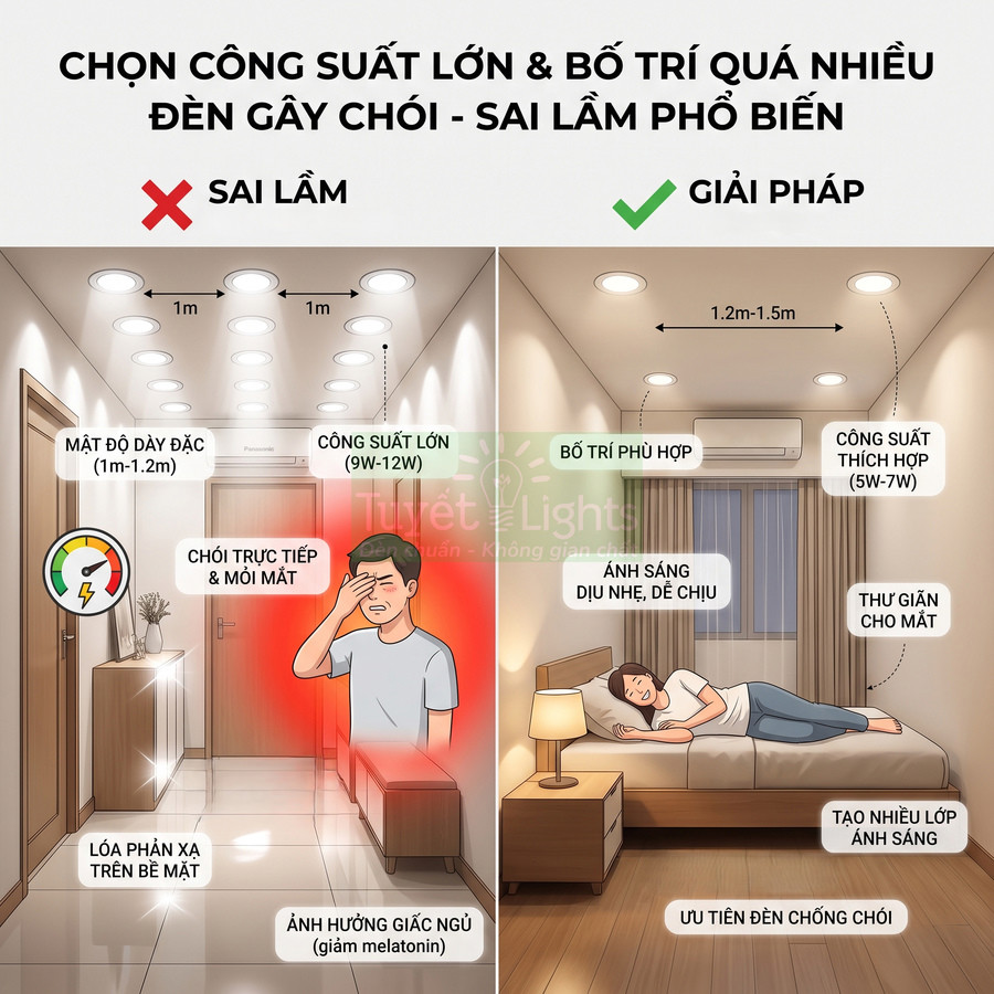 So sánh bố trí đèn LED âm trần công suất lớn gây chói với giải pháp dùng đèn công suất thấp, chống chói cho phòng ngủ