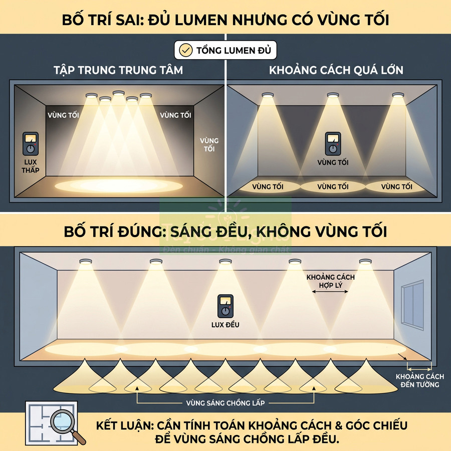 Minh họa cách bố trí đèn âm trần đúng và sai để phân bổ ánh sáng đều, tránh vùng tối trong phòng