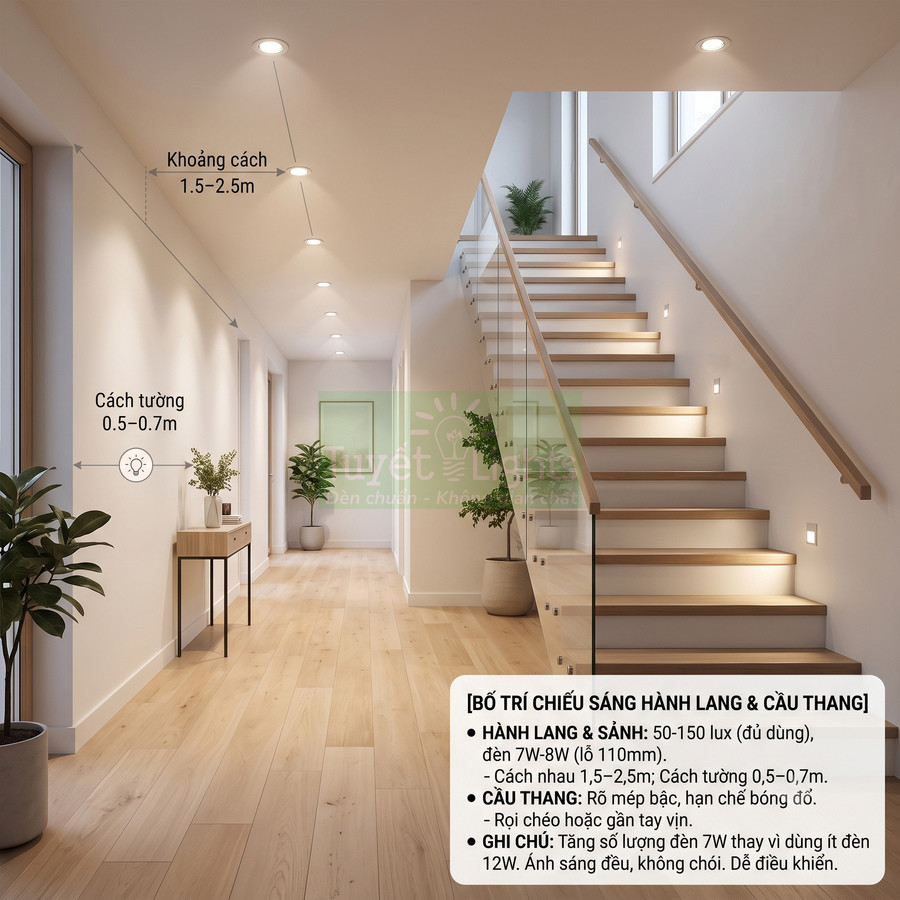 Bố trí đèn LED âm trần và đèn cầu thang chiếu sáng hành lang nhà hiện đại tông trắng gỗ