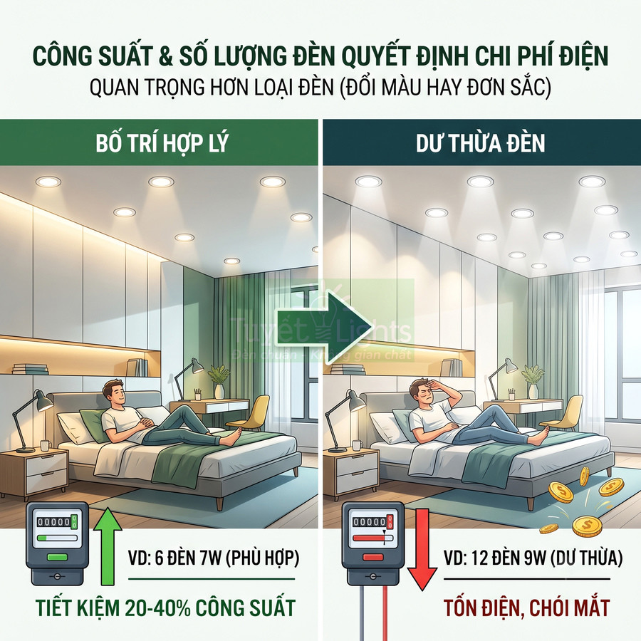 So sánh phòng ngủ dùng 6 đèn LED 7W tiết kiệm điện với 12 đèn LED 9W gây chói và tốn điện